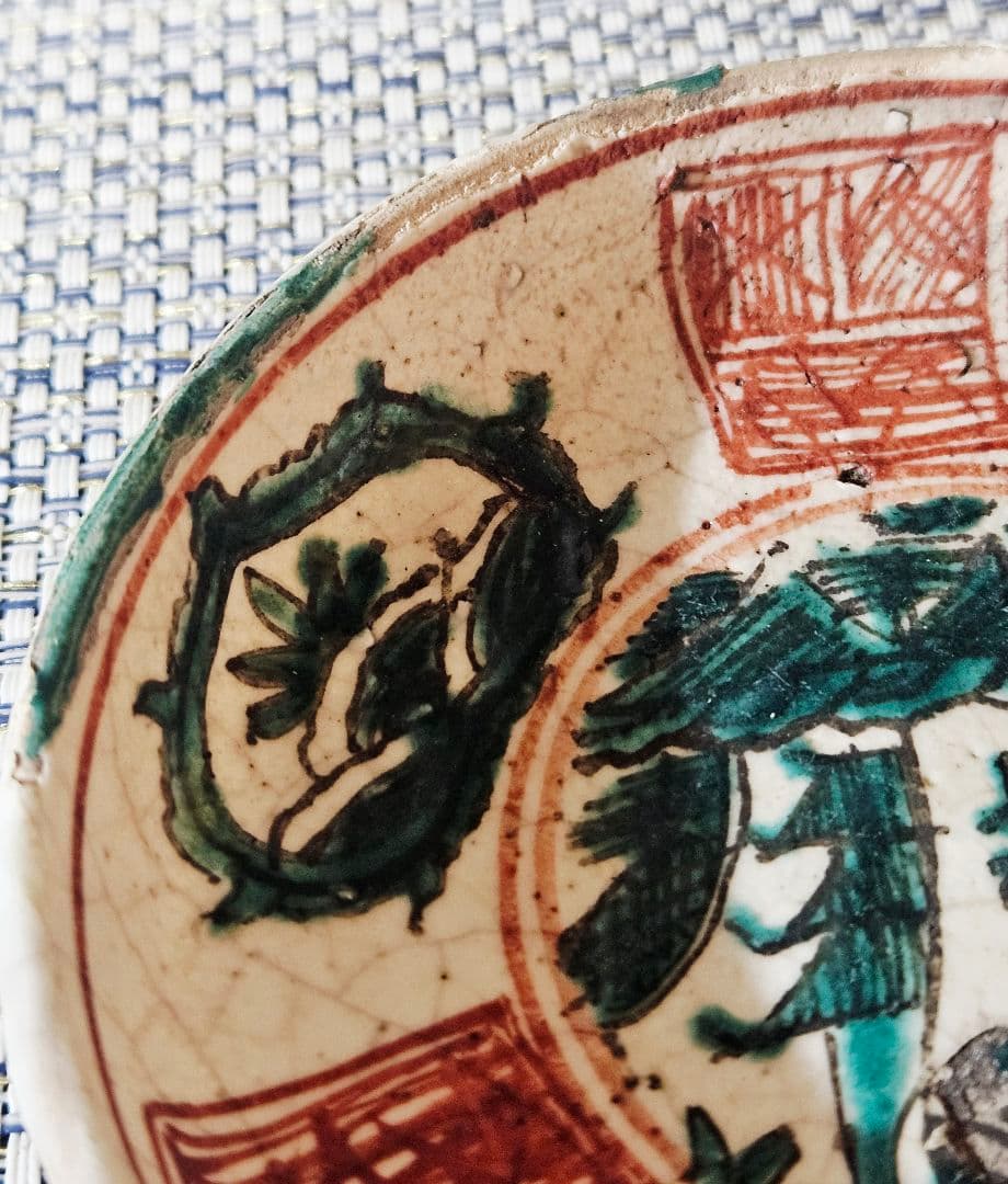 中国古美術　中国古陶磁器　明代　呉須赤絵　青釉　山水図　10.6cm小皿　豆皿