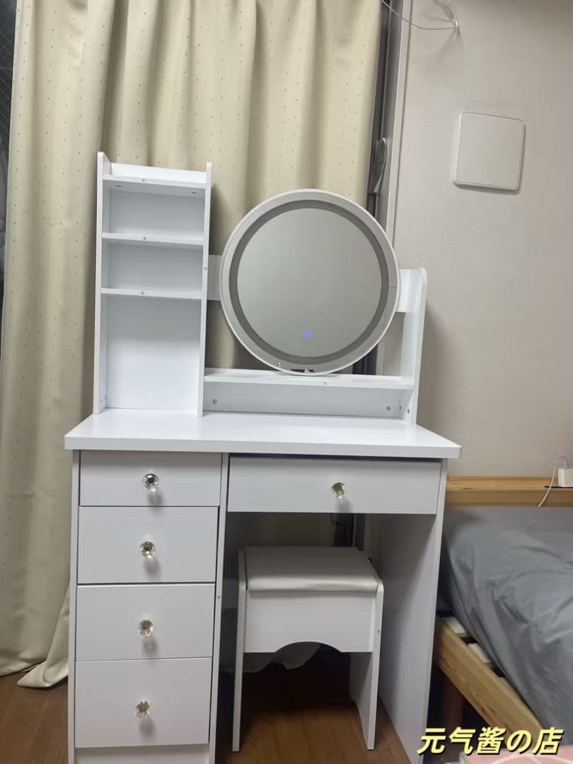 ホワイトモダンドレッシングテーブル＆バニテミラー付きスツール 大容量収納 組立式