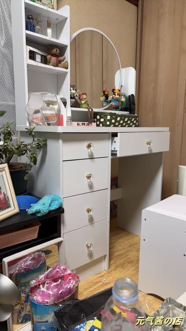 ホワイトモダンドレッシングテーブル＆バニテミラー付きスツール 大容量収納 組立式