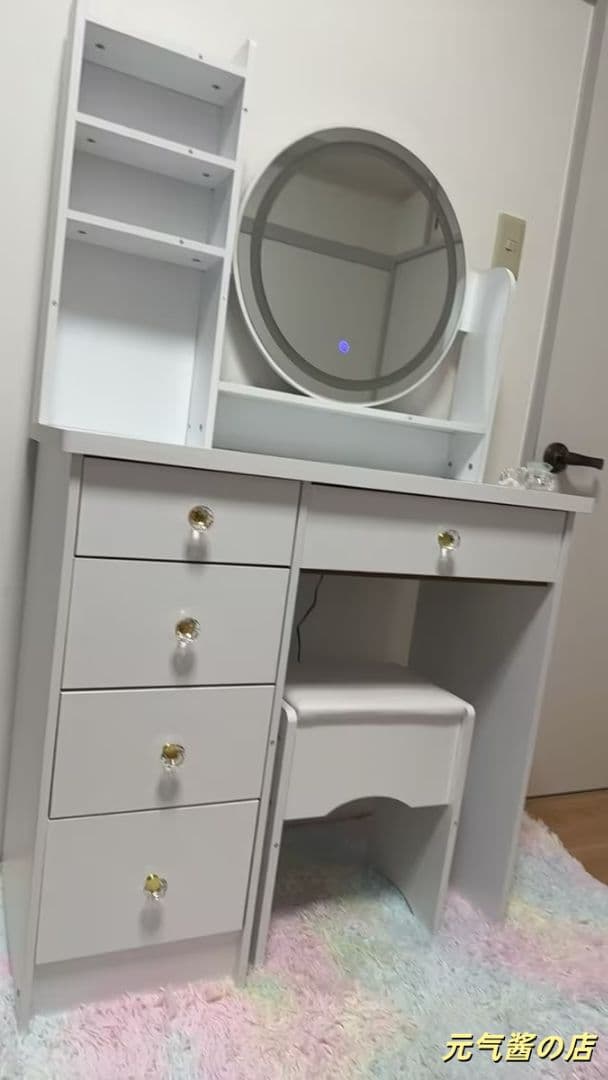 ホワイトモダンドレッシングテーブル＆バニテミラー付きスツール 大容量収納 組立式