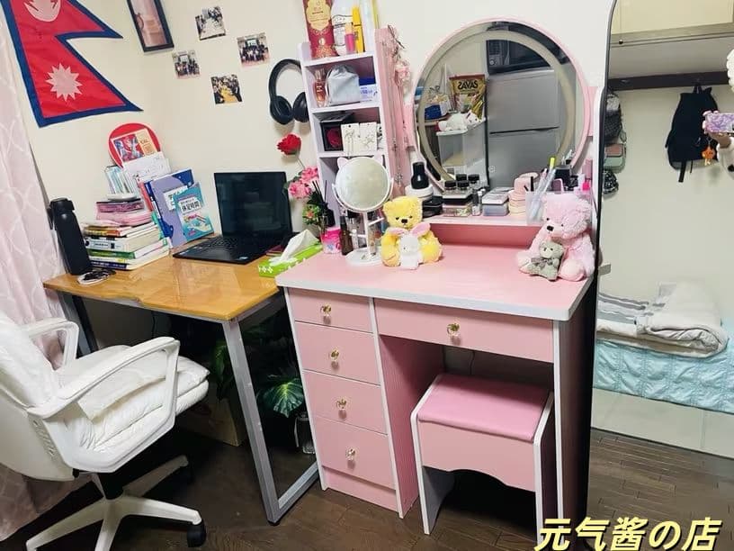 ホワイトモダンドレッシングテーブル＆バニテミラー付きスツール 大容量収納 組立式