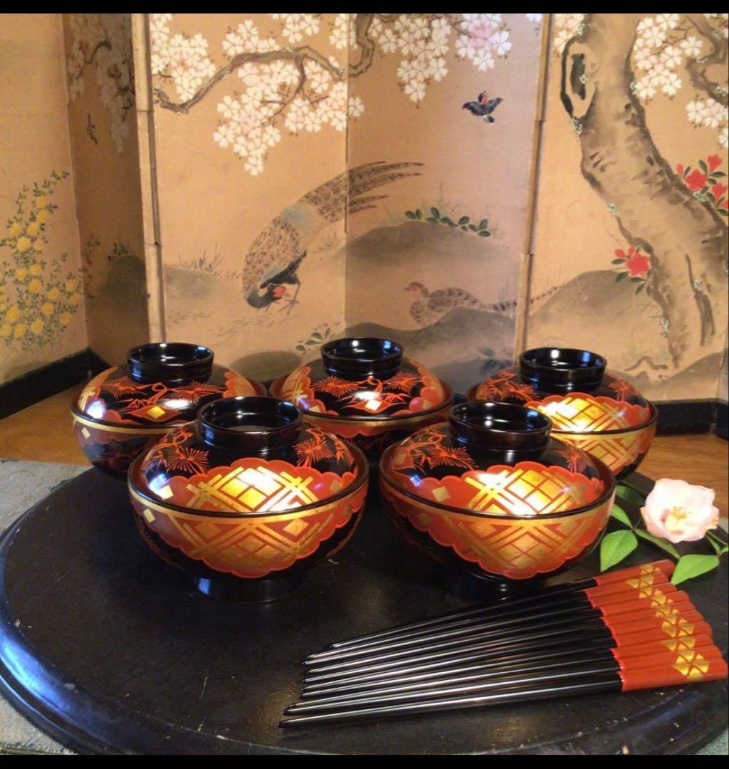 A1062 木製漆器　懐石道具　秀衡塗　椀　（丸三漆器）5客箸　5膳　揃え