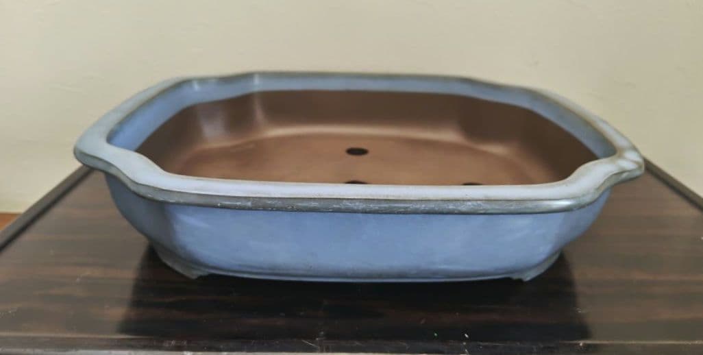 陶器製四角形　盆栽鉢 青 中型　落款　清峰