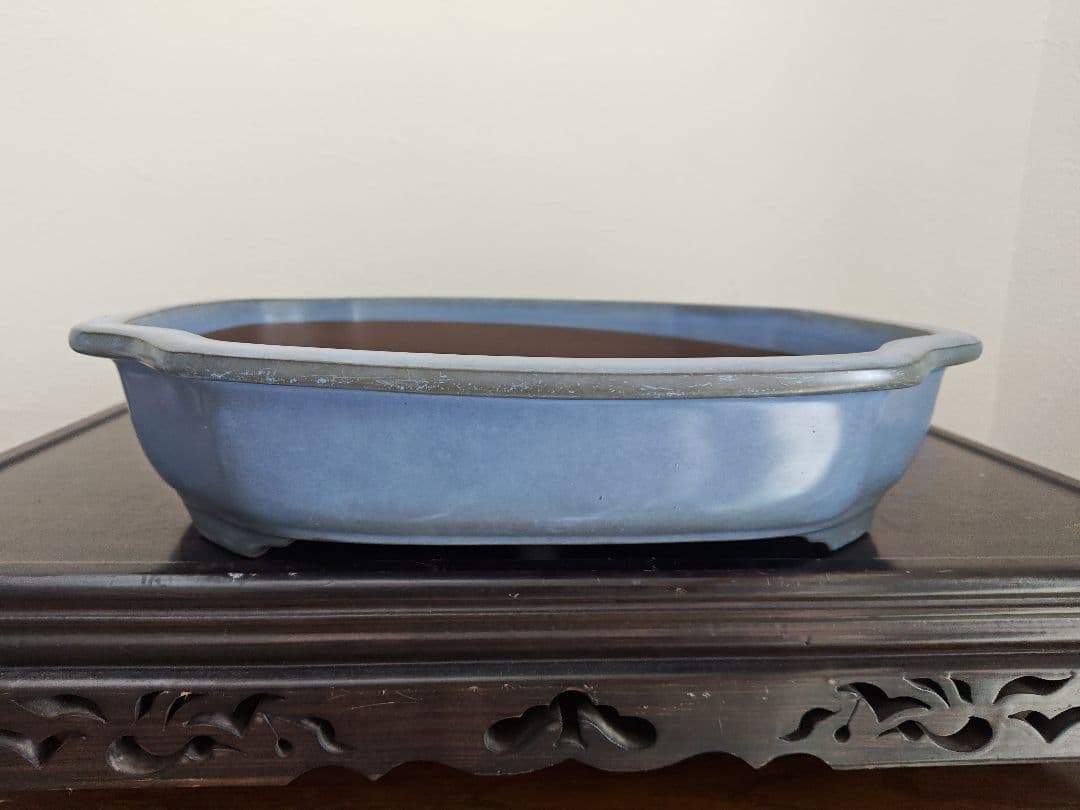 陶器製四角形　盆栽鉢 青 中型　落款　清峰