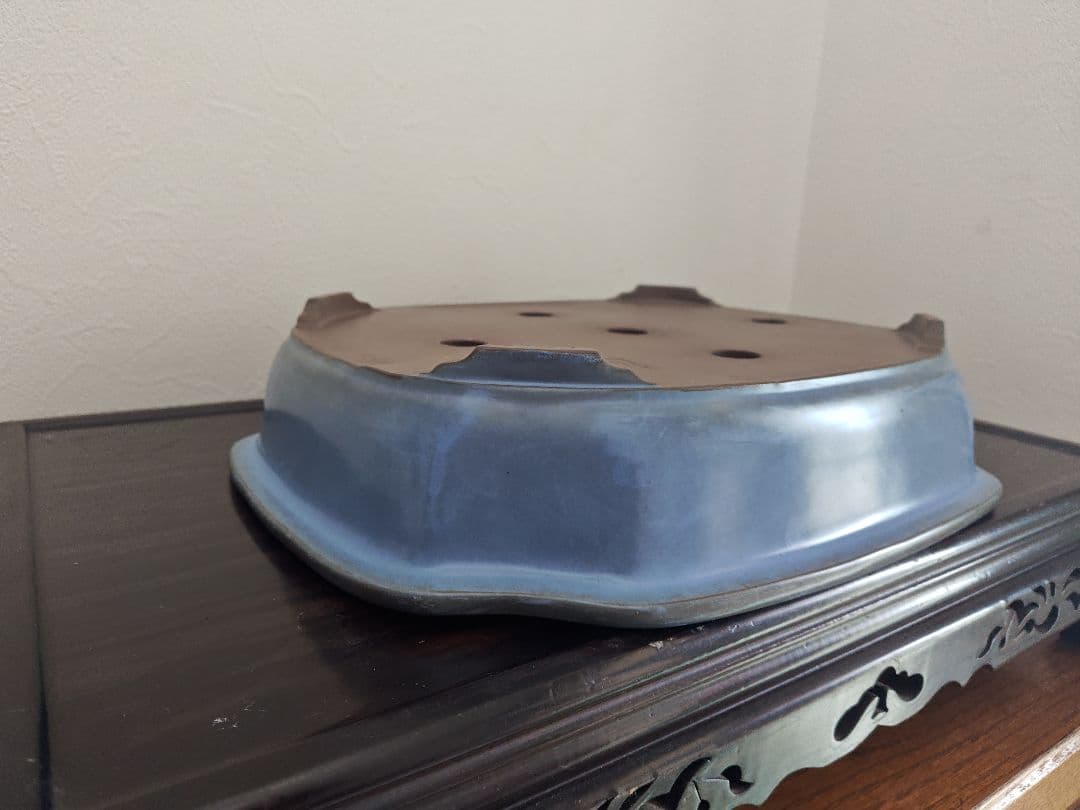 陶器製四角形　盆栽鉢 青 中型　落款　清峰