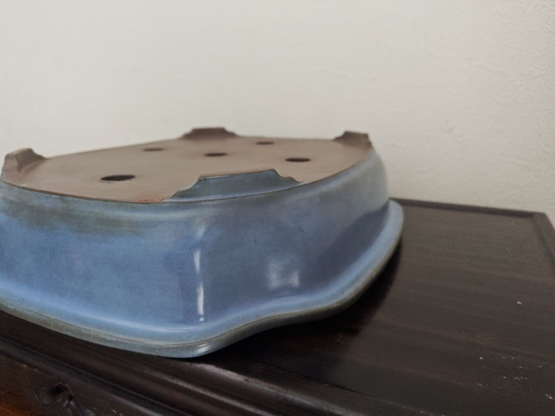 陶器製四角形　盆栽鉢 青 中型　落款　清峰