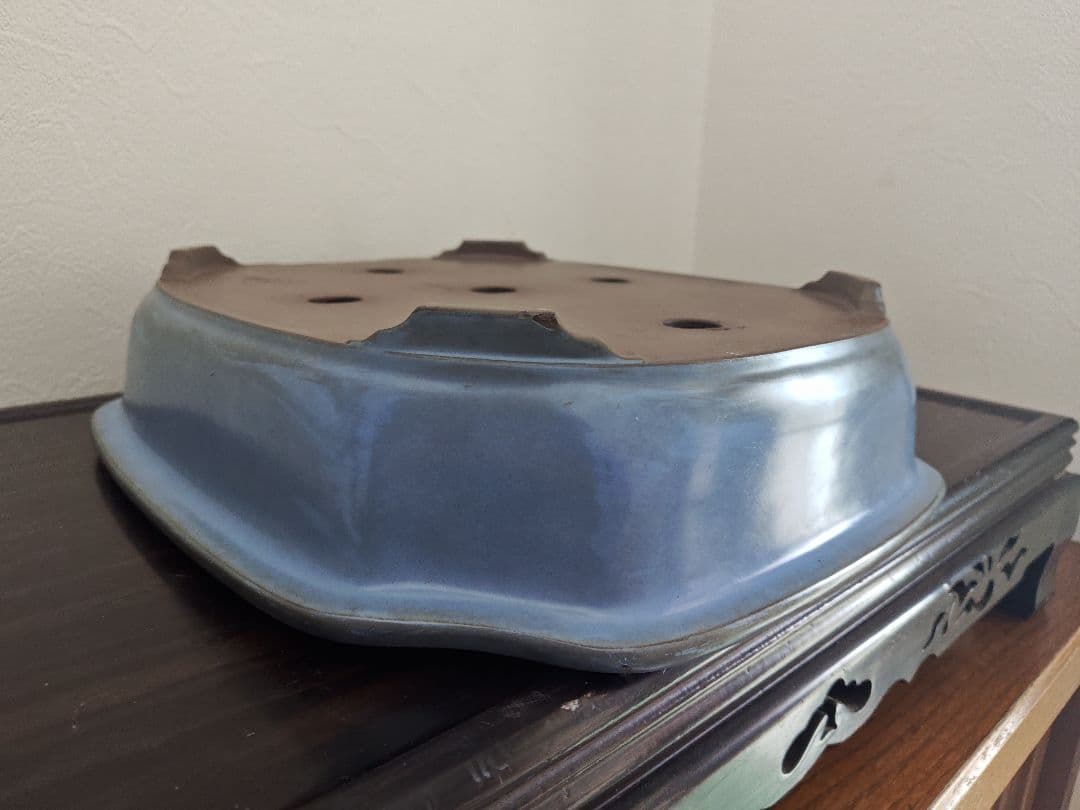 陶器製四角形　盆栽鉢 青 中型　落款　清峰