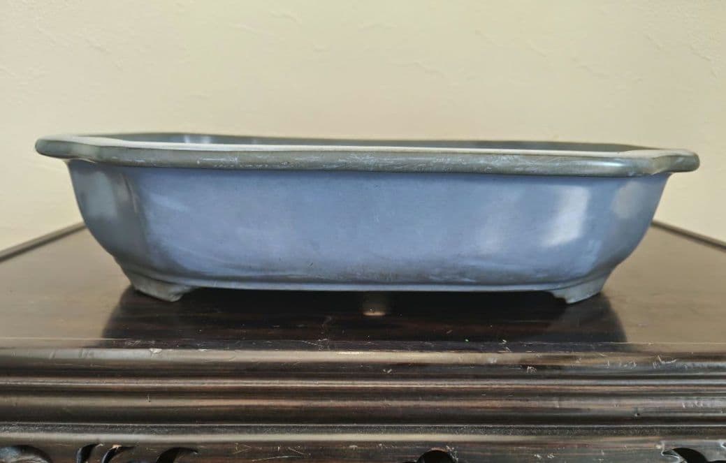 陶器製四角形　盆栽鉢 青 中型　落款　清峰