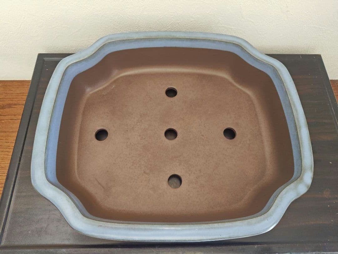 陶器製四角形　盆栽鉢 青 中型　落款　清峰