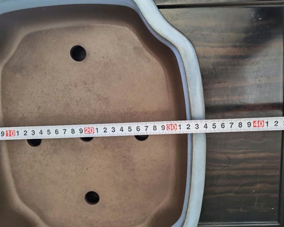 陶器製四角形　盆栽鉢 青 中型　落款　清峰