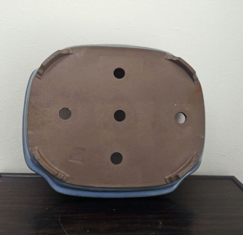 陶器製四角形　盆栽鉢 青 中型　落款　清峰