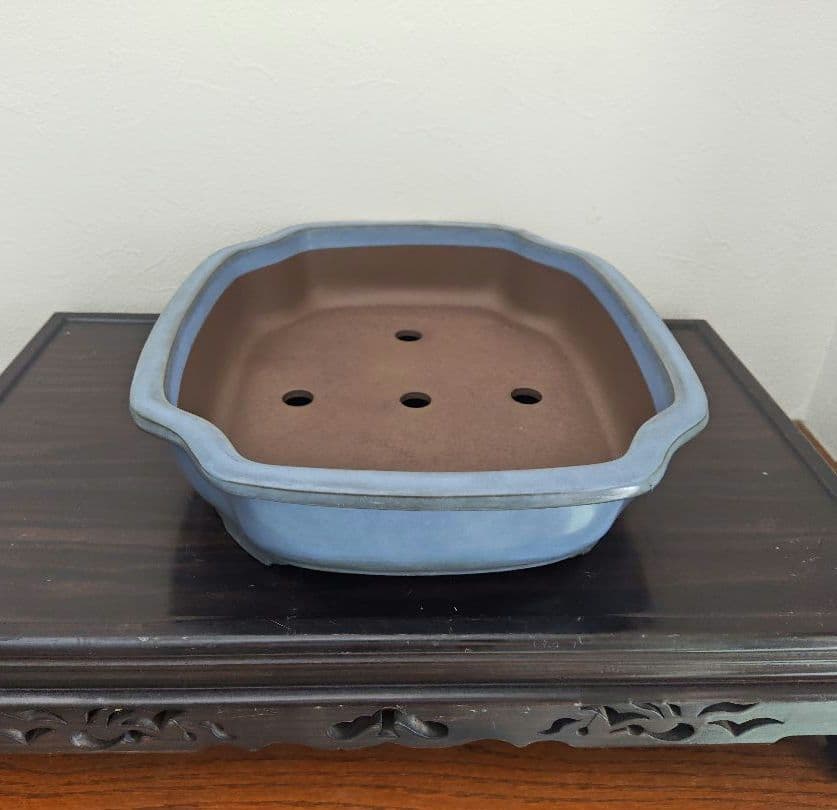 陶器製四角形　盆栽鉢 青 中型　落款　清峰