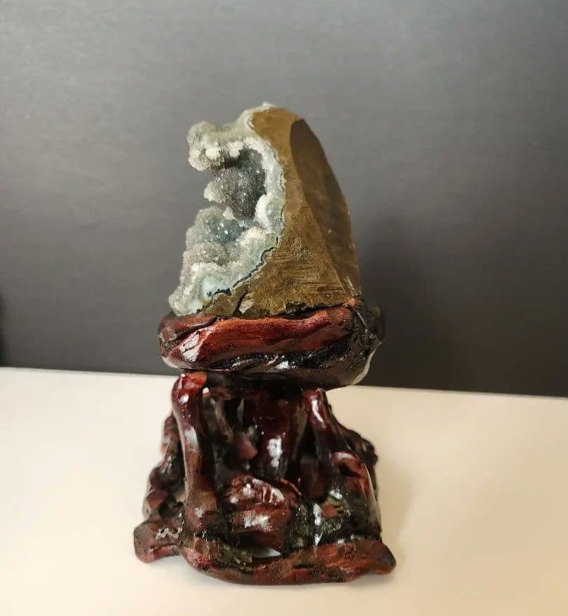 珍しい グリーン アメジストクラスター 置物 天然石 木台座付き