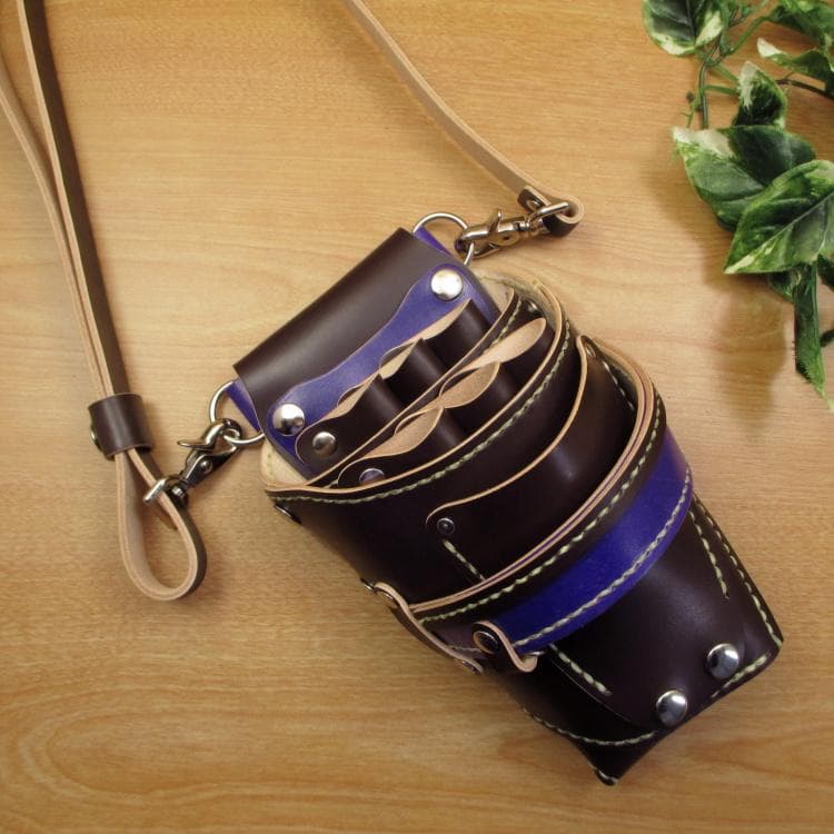 ダークブラウン＆パープル　６丁　革ベルト付　シザーケース　SCL-100/CDC