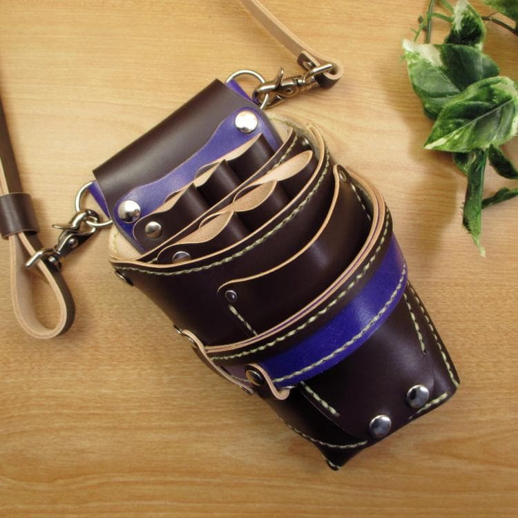 ダークブラウン＆パープル　６丁　革ベルト付　シザーケース　SCL-100/CDC