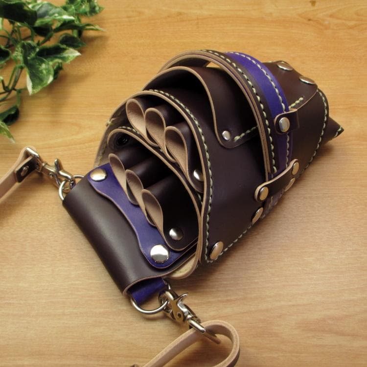 ダークブラウン＆パープル　６丁　革ベルト付　シザーケース　SCL-100/CDC