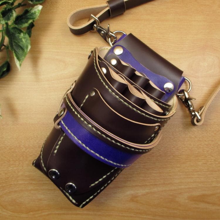 ダークブラウン＆パープル　６丁　革ベルト付　シザーケース　SCL-100/CDC