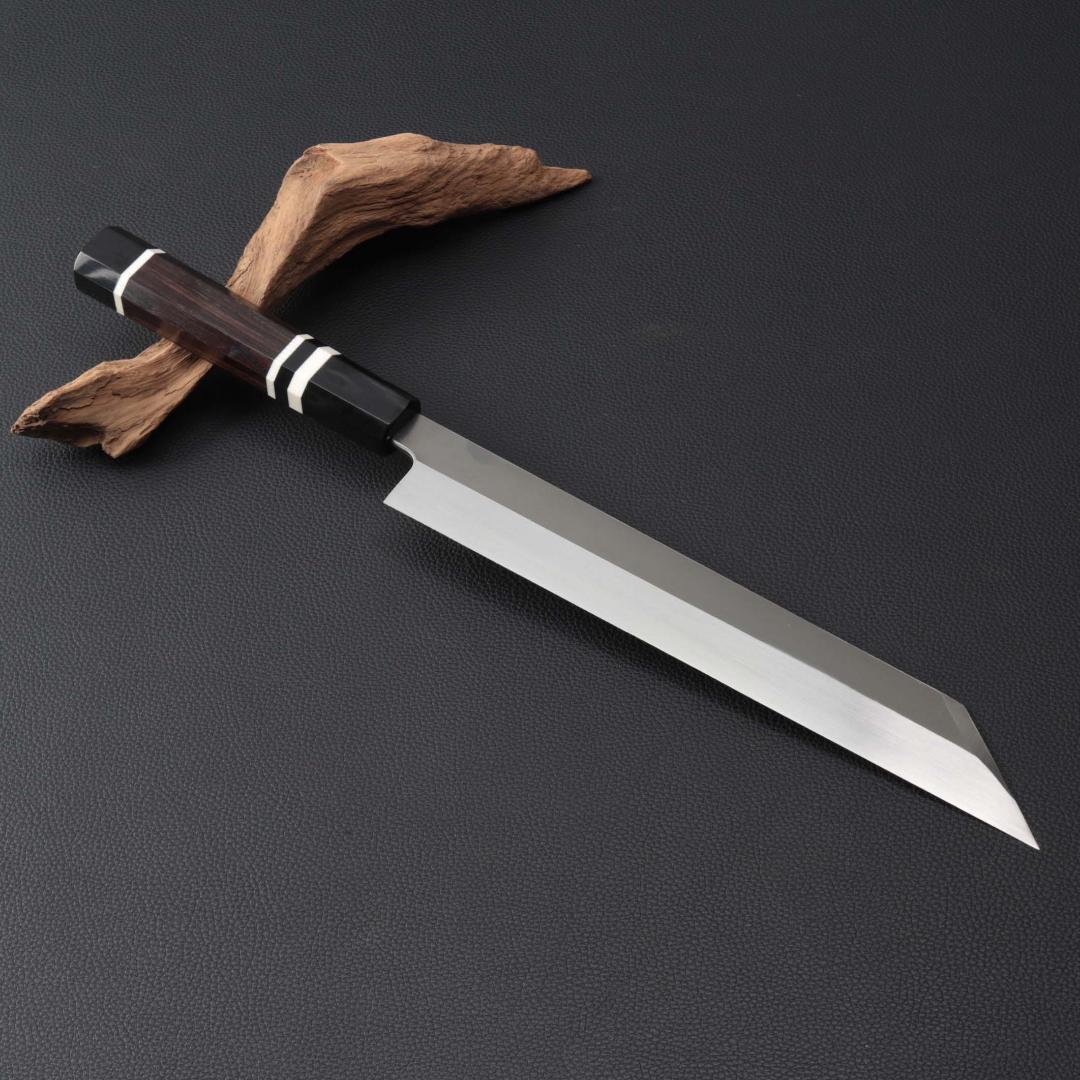 10270 極薄ムキモノ包丁 8寸 刺身包丁 和包丁 黒檀黒水牛白三本巻八角柄