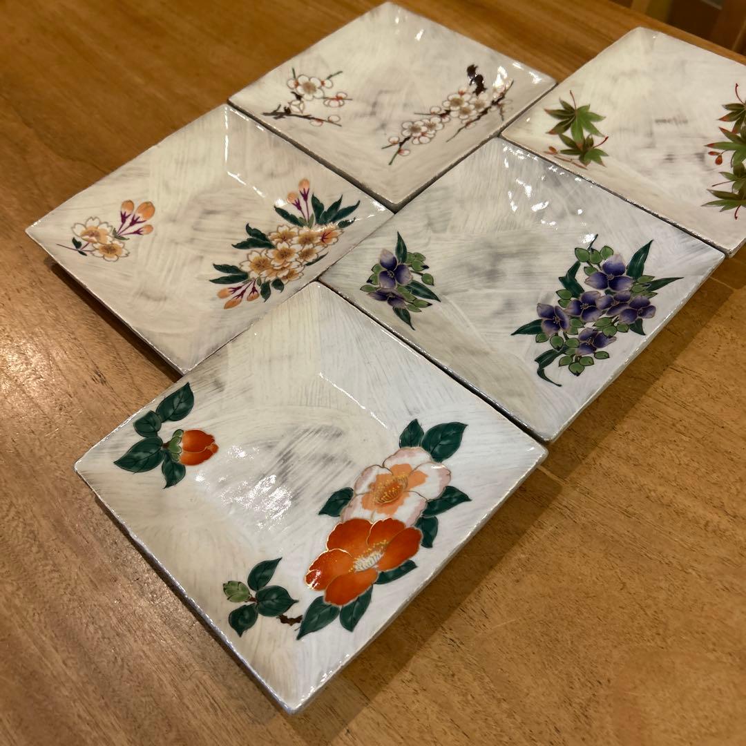 波佐見焼　林九郎窯　四季の景　刷毛目絵付皿　五枚　希少