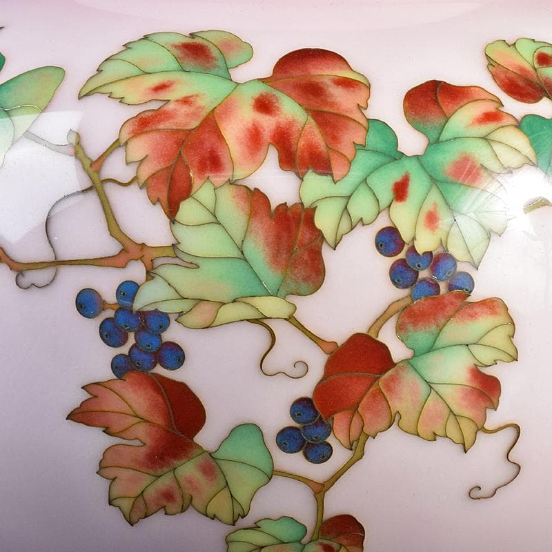 AAA安藤七宝店純銀刻印　桜釉　葡萄文瓶　唐木台・木箱付　H　R8810B