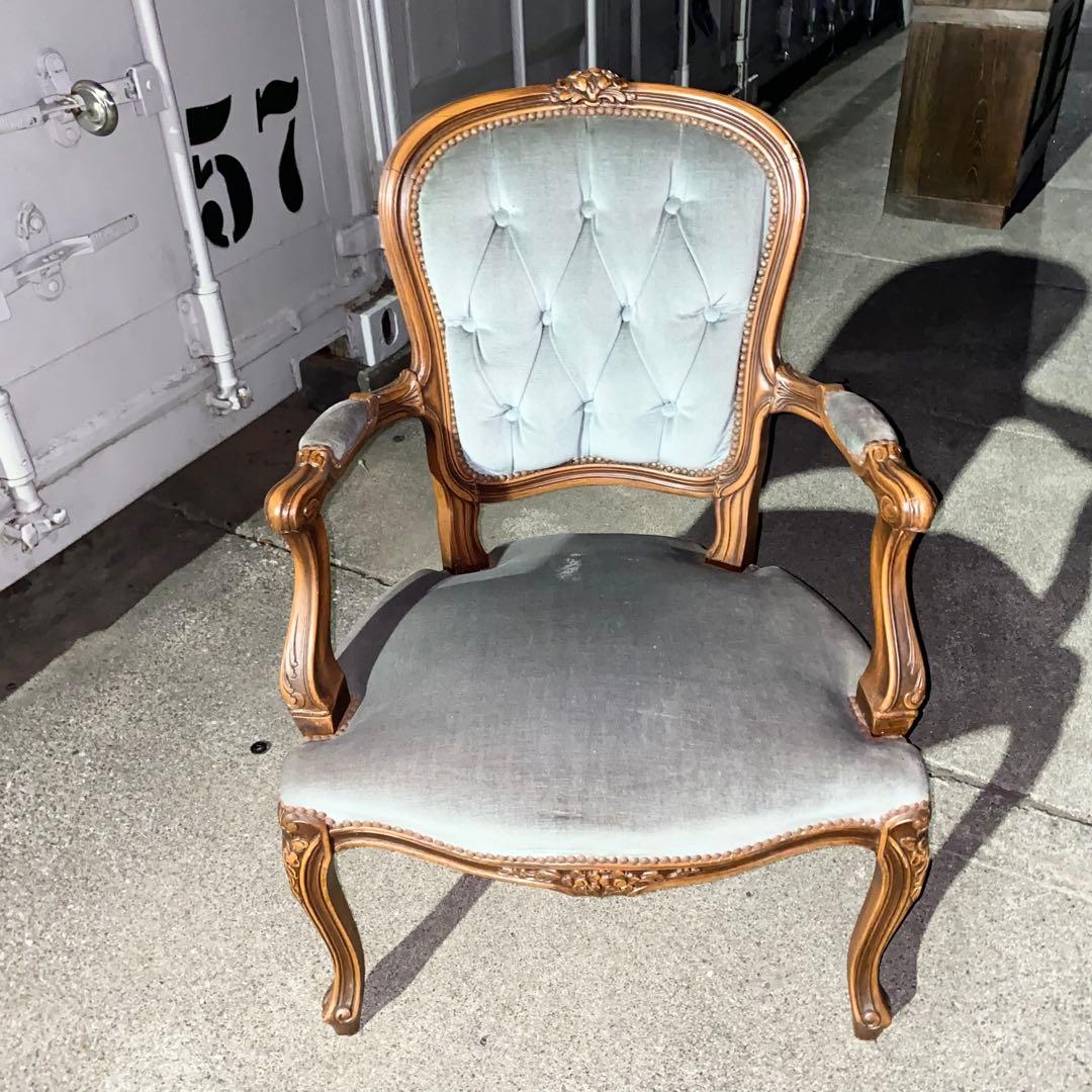 イタリア発！アンティーク ロココ調チェア ブルーグレー ベルベット