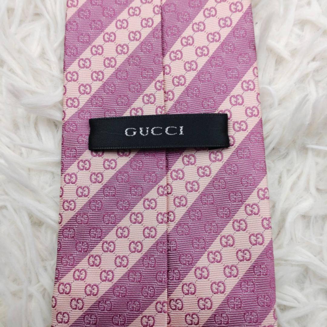 【美品】 グッチ 高級シルクネクタイ ストライプ柄 スモーキーピンク