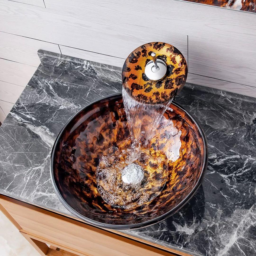 洗面ボウルセット 手水鉢 手洗器手洗い鉢 洗面器 蛇口 排水金具付き 強化ガラス