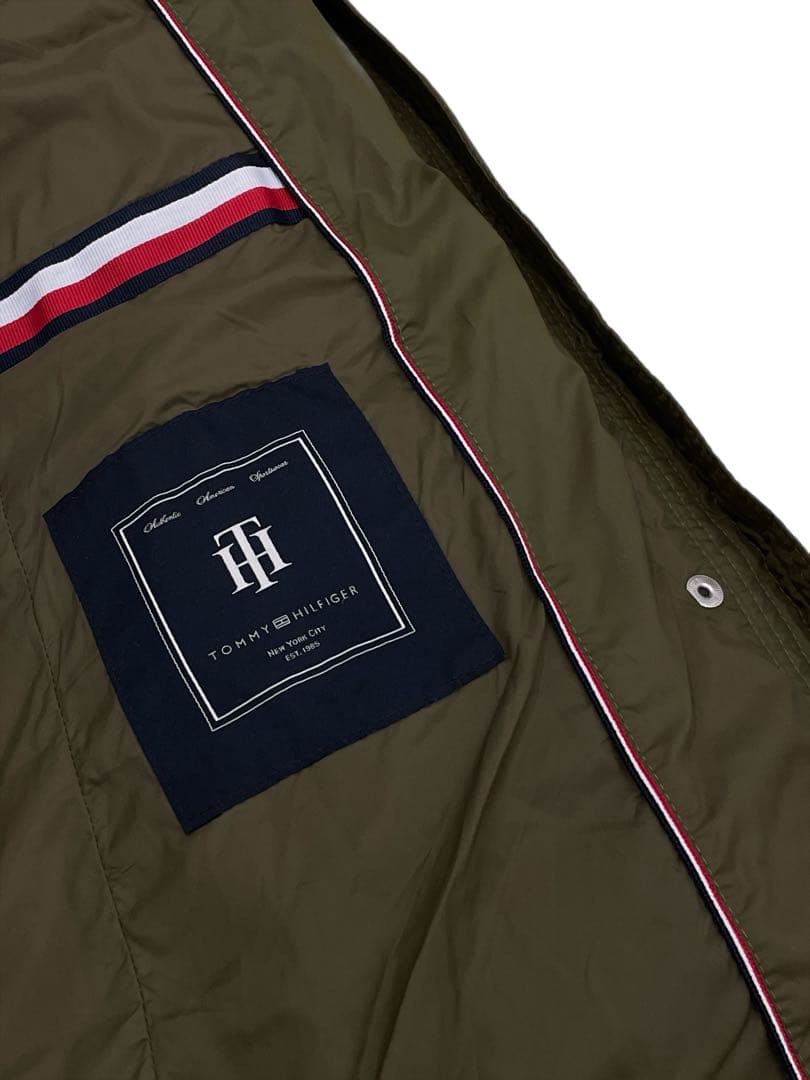 美品　トミーヒルフィガー　ダウンジャケット　ロング丈　フード付　カーキ　L