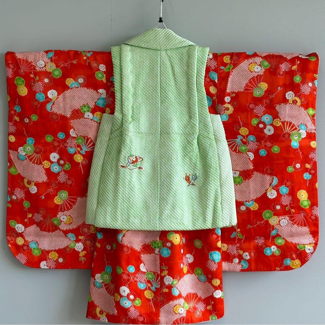 セット　七五三　３歳女の子　比翼仕立きもの　しぼり被布　オレンジ花柄　7051