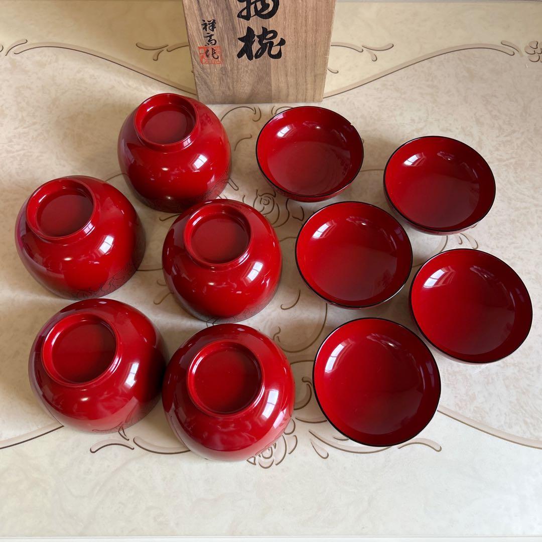 会津塗　本朱塗　牡丹彫　蓋付きお吸物椀　雑煮椀　お椀　5客セット　漆器　汁椀