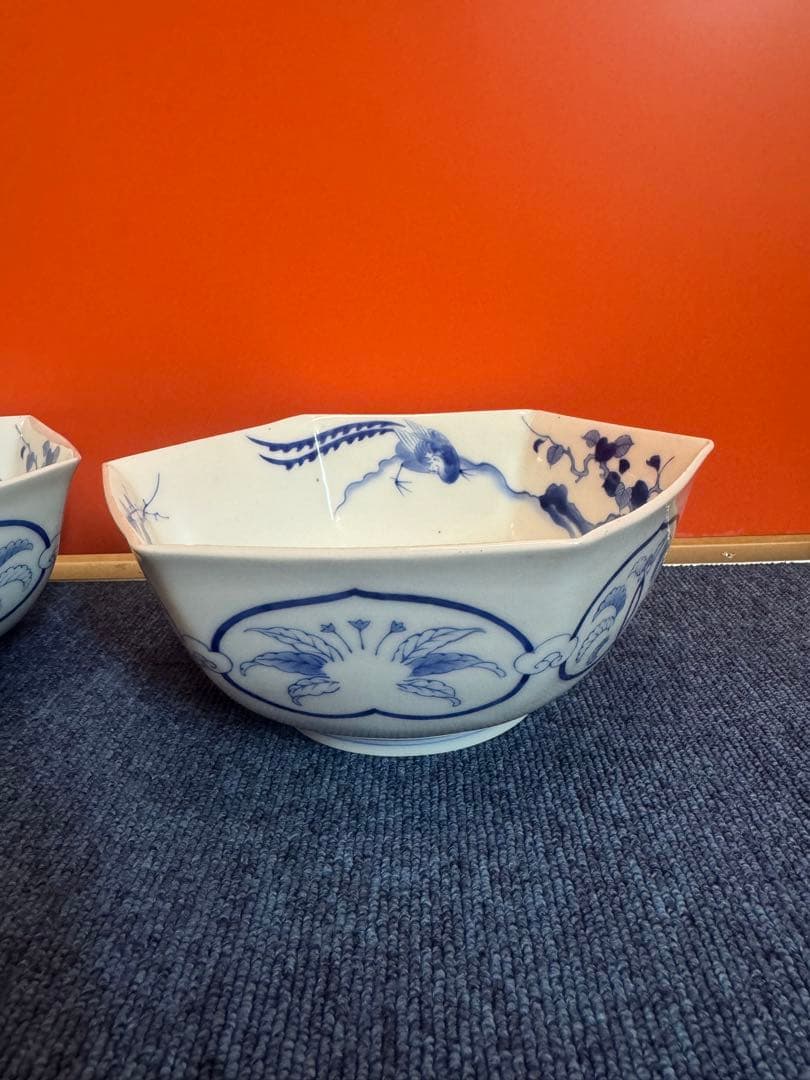 1885 香蘭社　染付鳳凰文　六角深鉢　2客　時代物