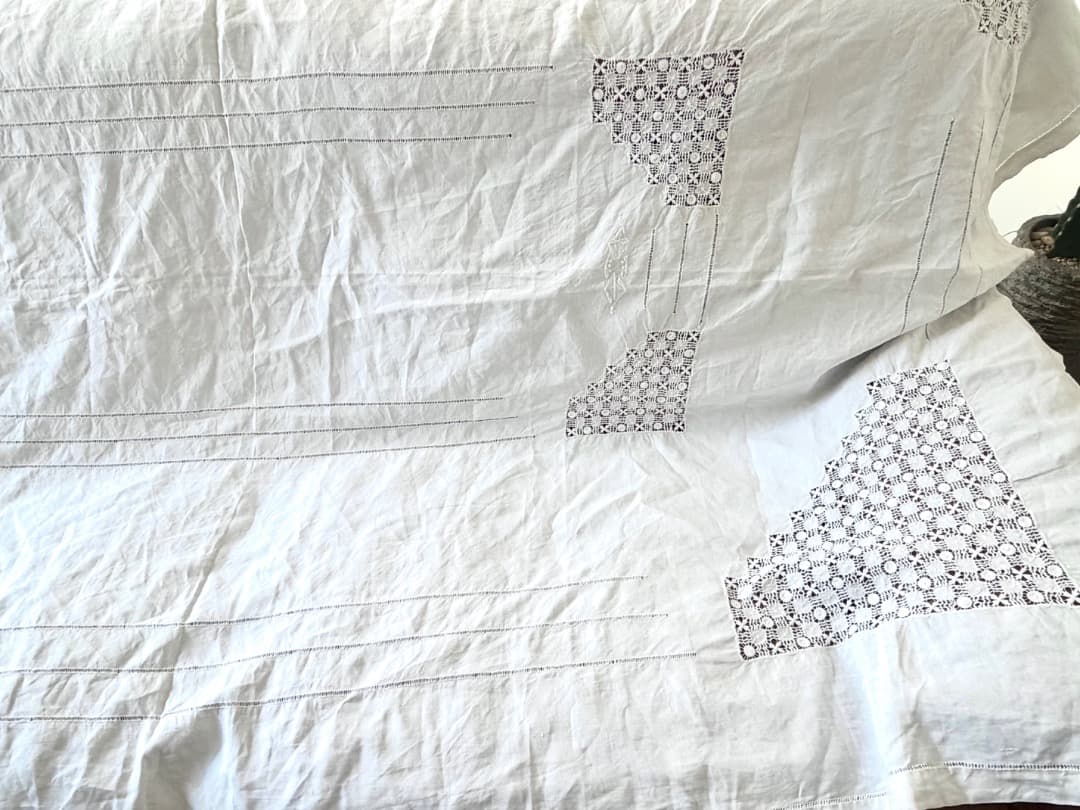 フランスアンティーク　特大　テーブルクロス　リネン　シーツ　ドロンワーク　刺繍