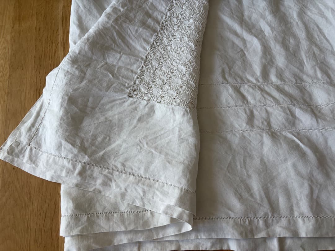 フランスアンティーク　特大　テーブルクロス　リネン　シーツ　ドロンワーク　刺繍