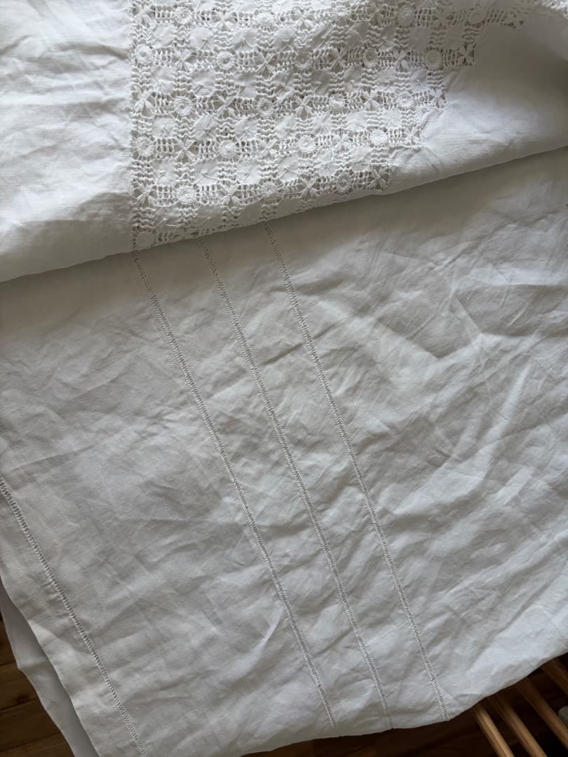 フランスアンティーク　特大　テーブルクロス　リネン　シーツ　ドロンワーク　刺繍