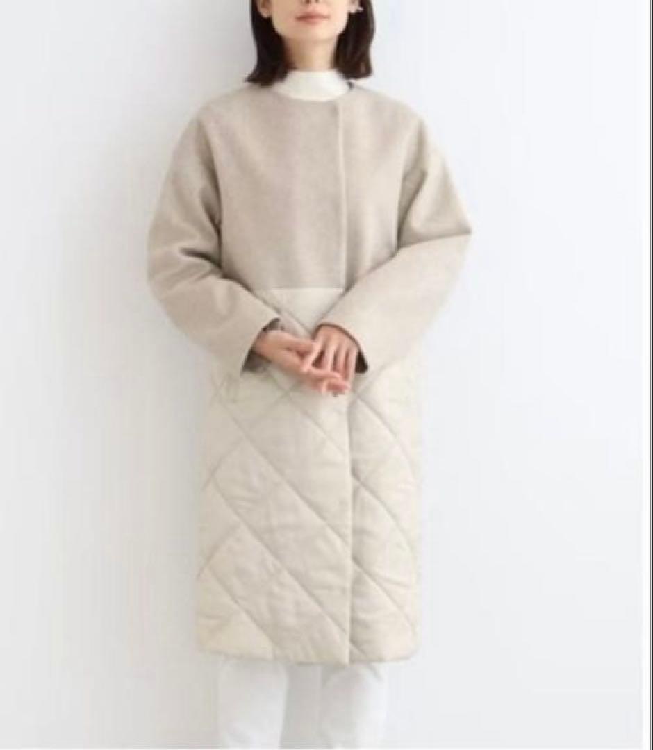 期間限定インディヴィキルト素材 ウール切替えノーカラーロングコートベージュM