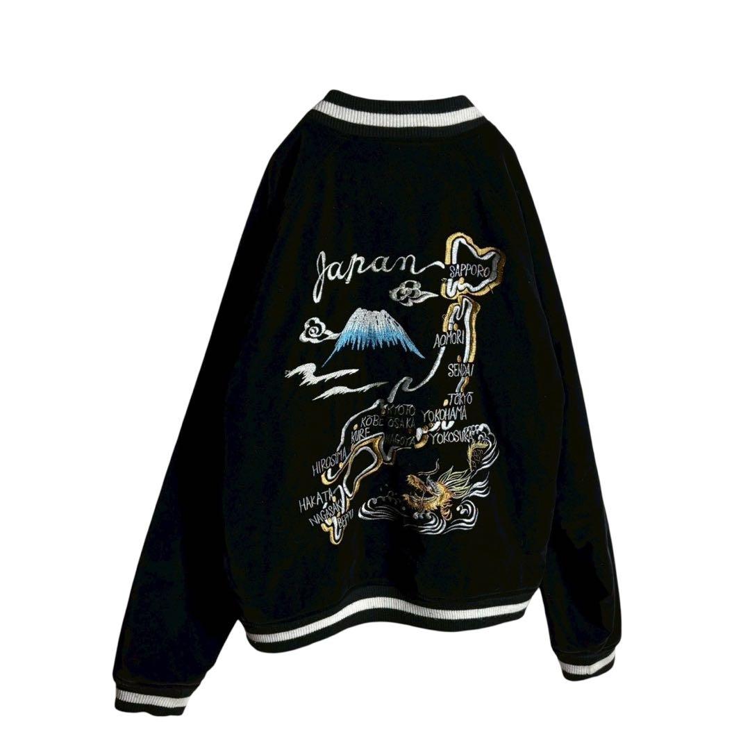 スカジャン　別珍　ベロア　ブラック　刺繍　日本地図　富士山　ドラゴン　Lサイズ