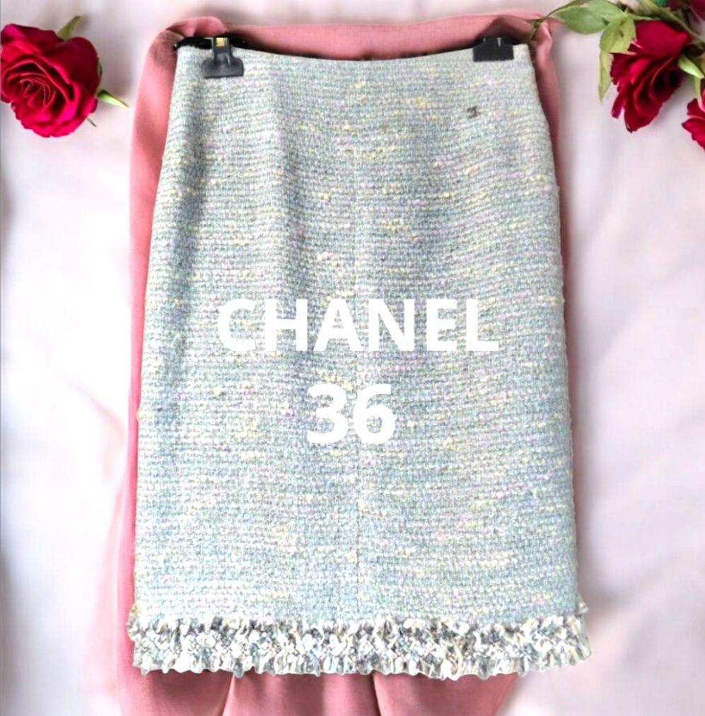 CHANEL ブルーグレー系ツイード　スカート　秋冬　フランス製
