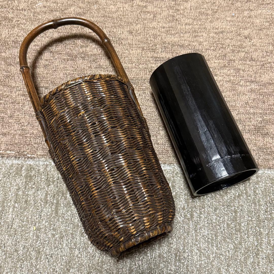 職人手作り 竹 花入 籠 竹職人 毛利健一 （号 有彩）作 竹編み竹工芸 花器