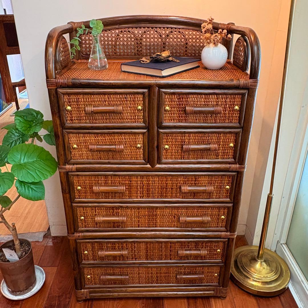ラタン チェスト 8杯引き出し ヴィンテージ 籐家具 真鍮鋲付き バンブー