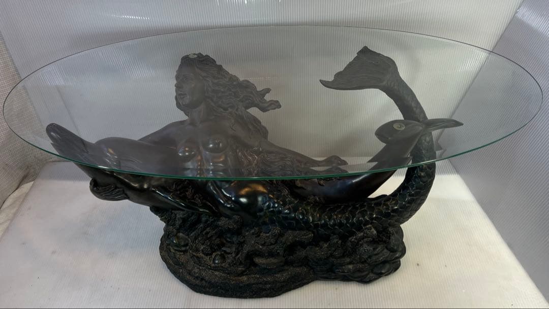 ヴィンテージ マーメイド コーヒーテーブル ガラストップ ブロンズ1980 年代