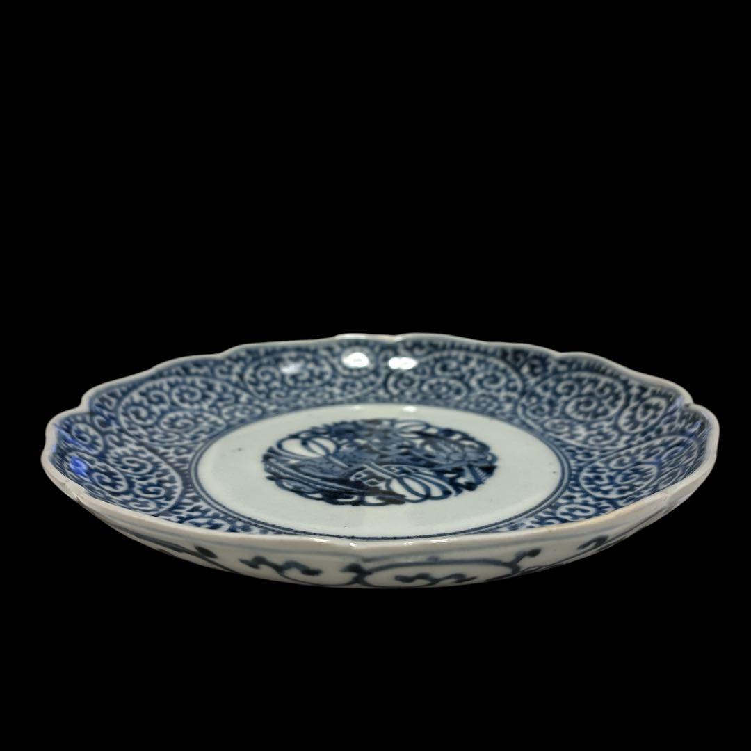 伊万里 有田 染付 印判 輪花皿 宝尽し丸文 見返し蛸唐草 高台内目跡 二重圏線