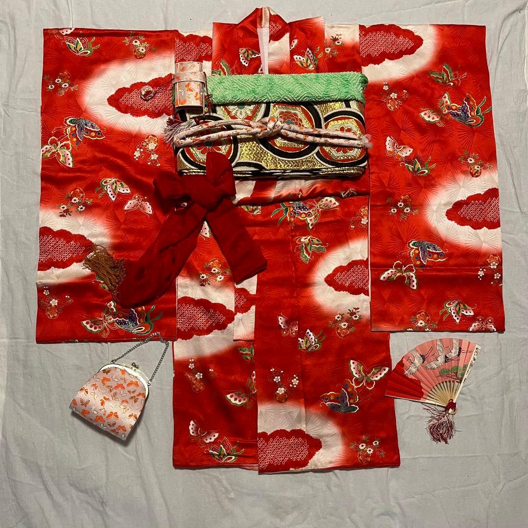 七五三　7歳　着物　正絹　赤　アンティーク　かのこ　蝶