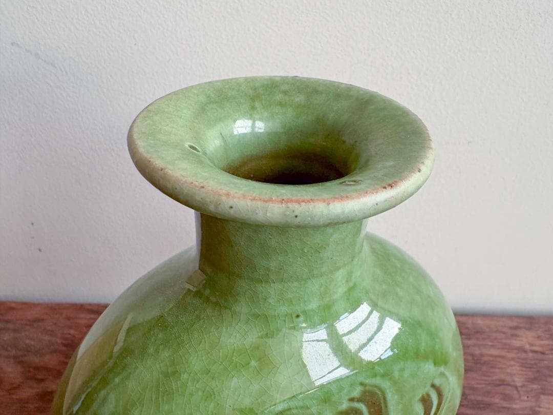 舩木研児　緑釉　三脚花生　共箱付　無傷　希少　民藝　バーナードリーチ