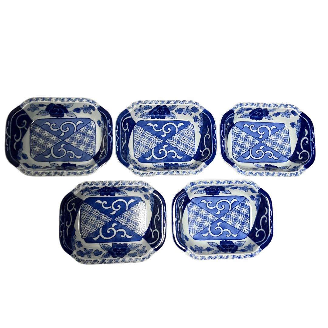 其泉窯 藍染花地紋 八角皿 5枚 箱付き 小鉢 古伊万里