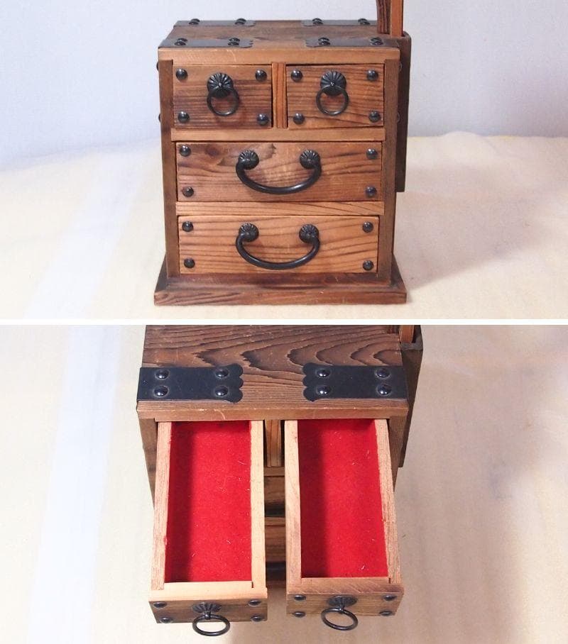 【良品】焼杉 隠し収納付き小引き出し＆裁縫箱 からくり収納/針箱 家具インテリア