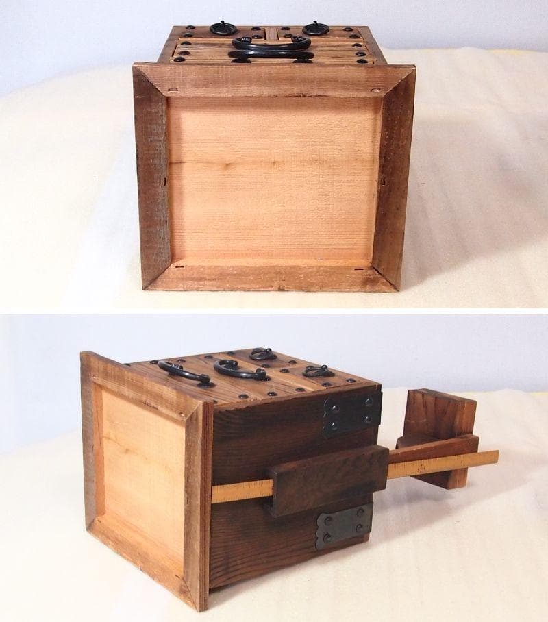 【良品】焼杉 隠し収納付き小引き出し＆裁縫箱 からくり収納/針箱 家具インテリア