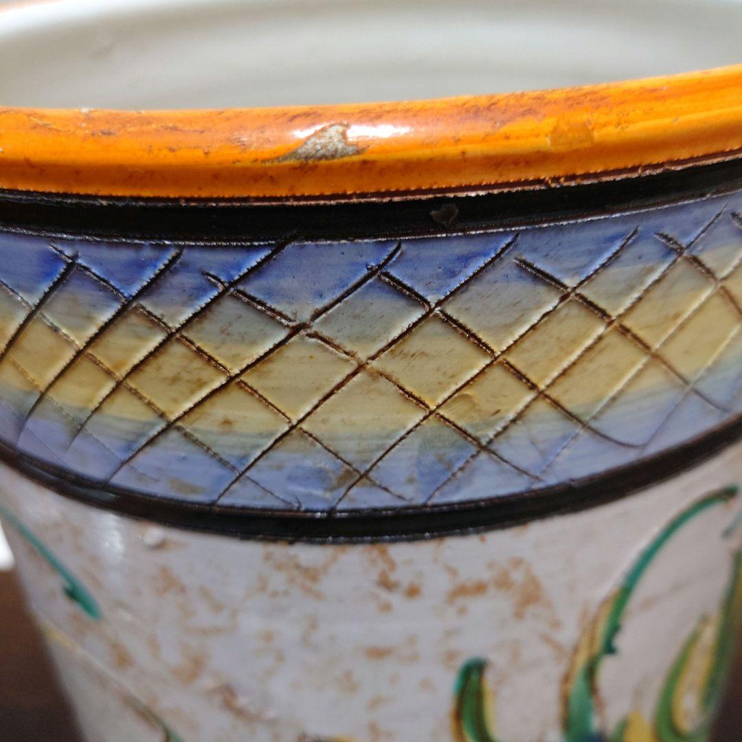 イタリア製陶器　傘立て　橙色花柄　レインラック　アンブレラスタンド　ヨーロピアン