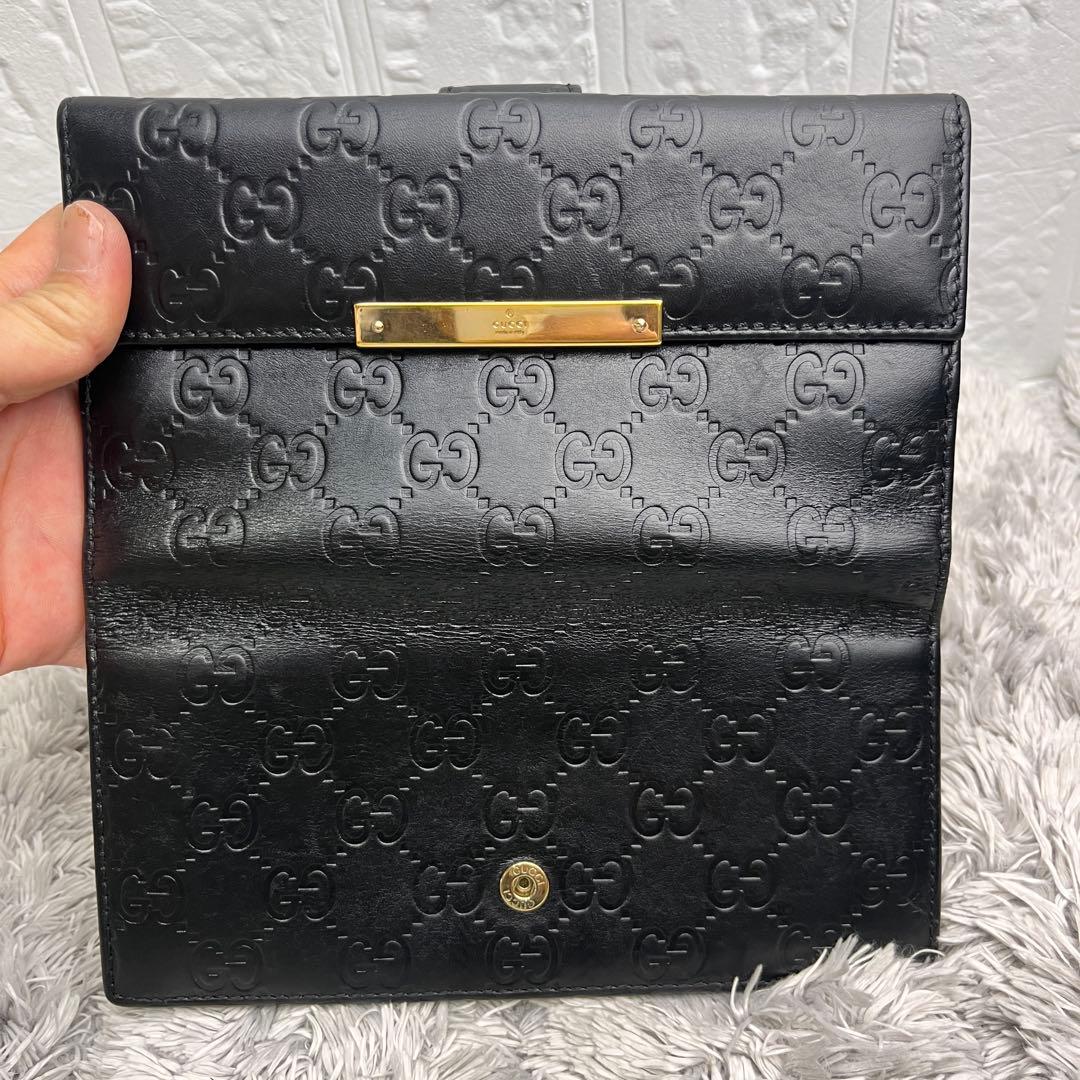 美品✨GUCCI シマ　レザー　長財布　ブラック　メンズ　ロゴプレート　Wホック