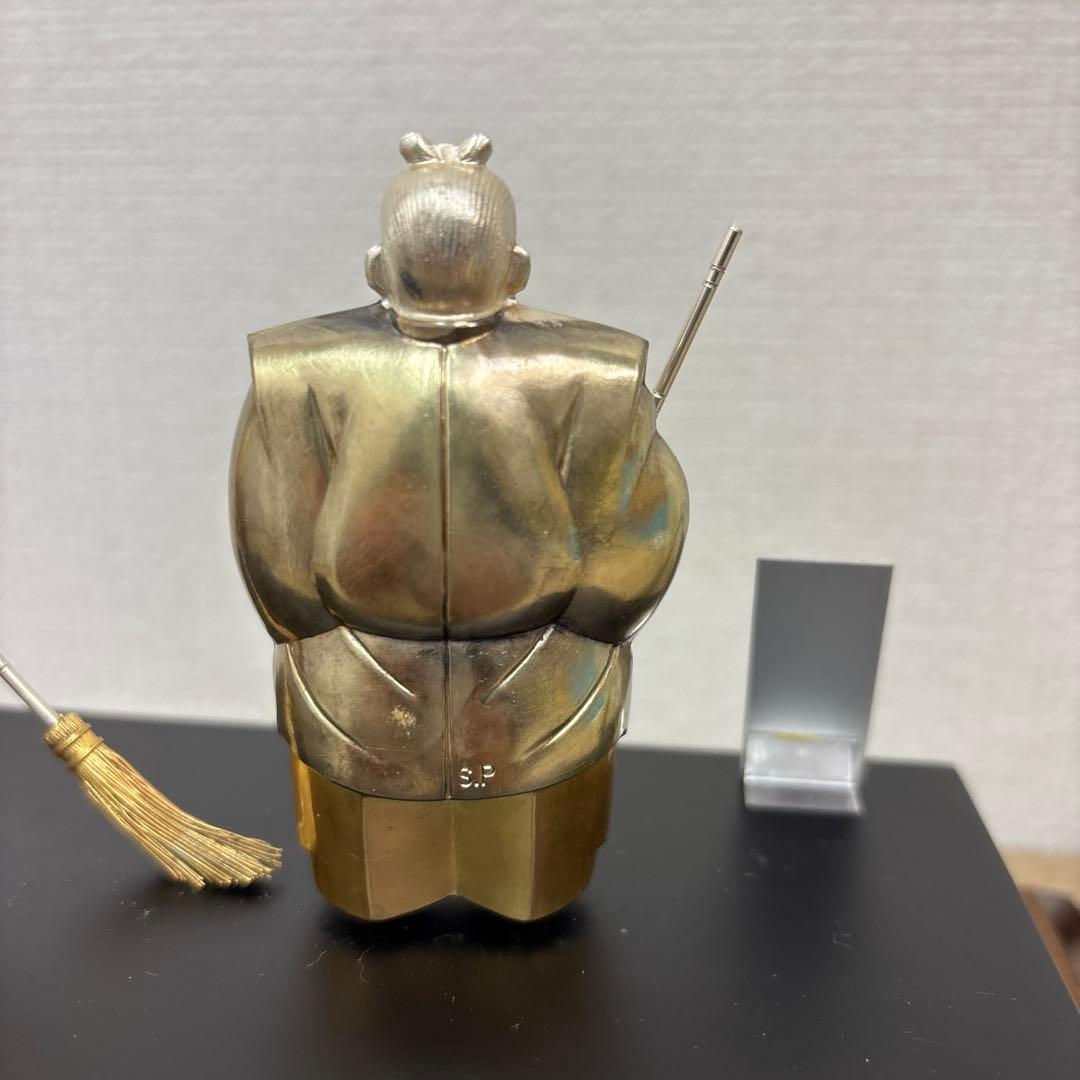 武比古作　彩色彫金高砂人形 銀仕上 金属製 高砂 ガラスケース 置物 オブジェ