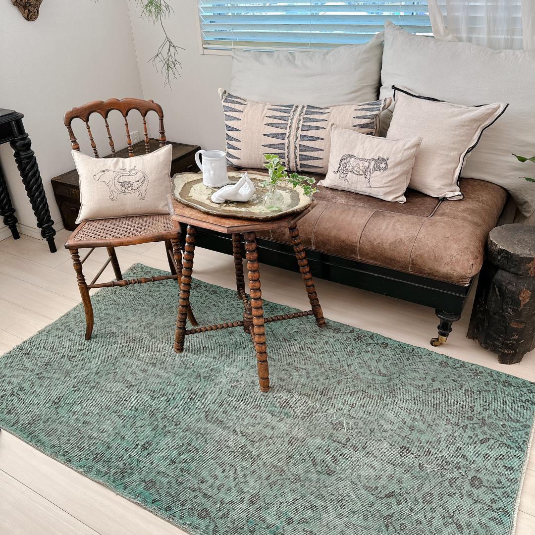 トルコヴィンテージラグ A78 ペールブルー ターコイズ オーバーダイラグ